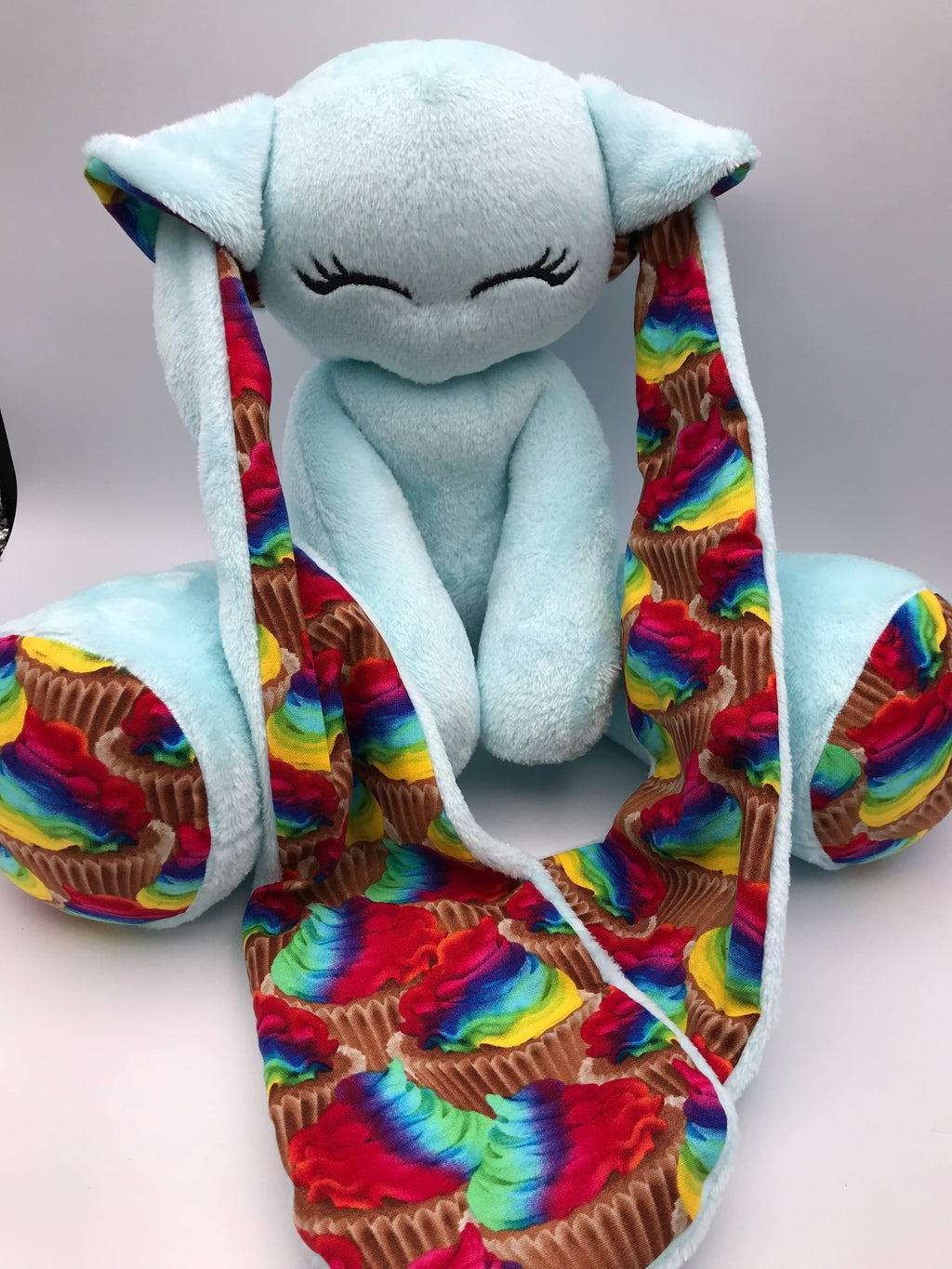 Pastel Blue minky Cabbit with rainbow cupcakes
