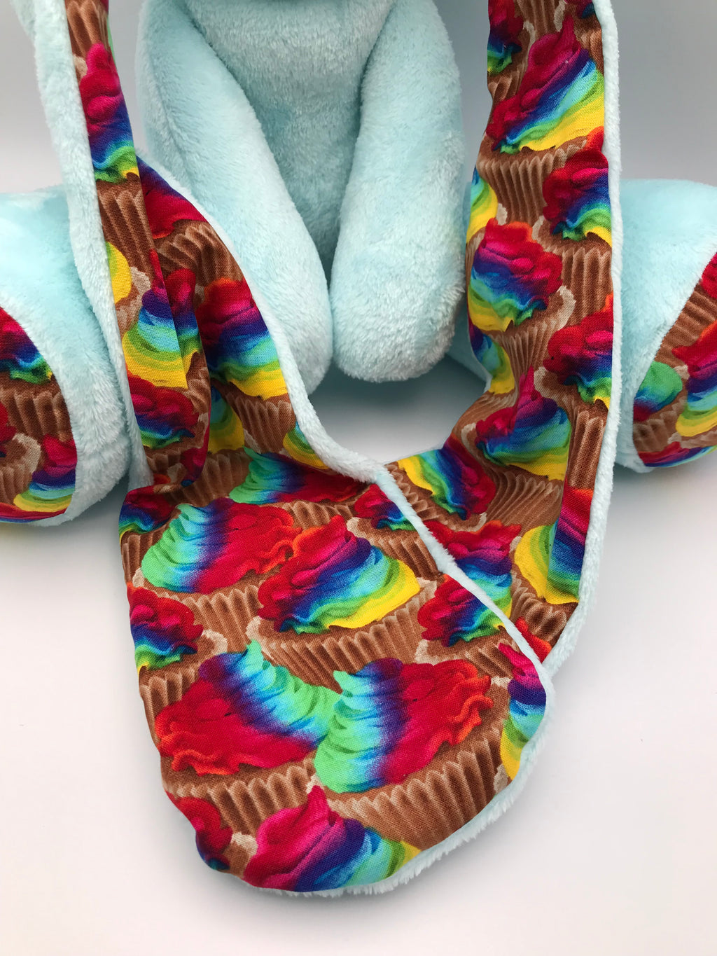 Pastel Blue minky Cabbit with rainbow cupcakes
