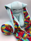 Pastel Blue minky Cabbit with rainbow cupcakes