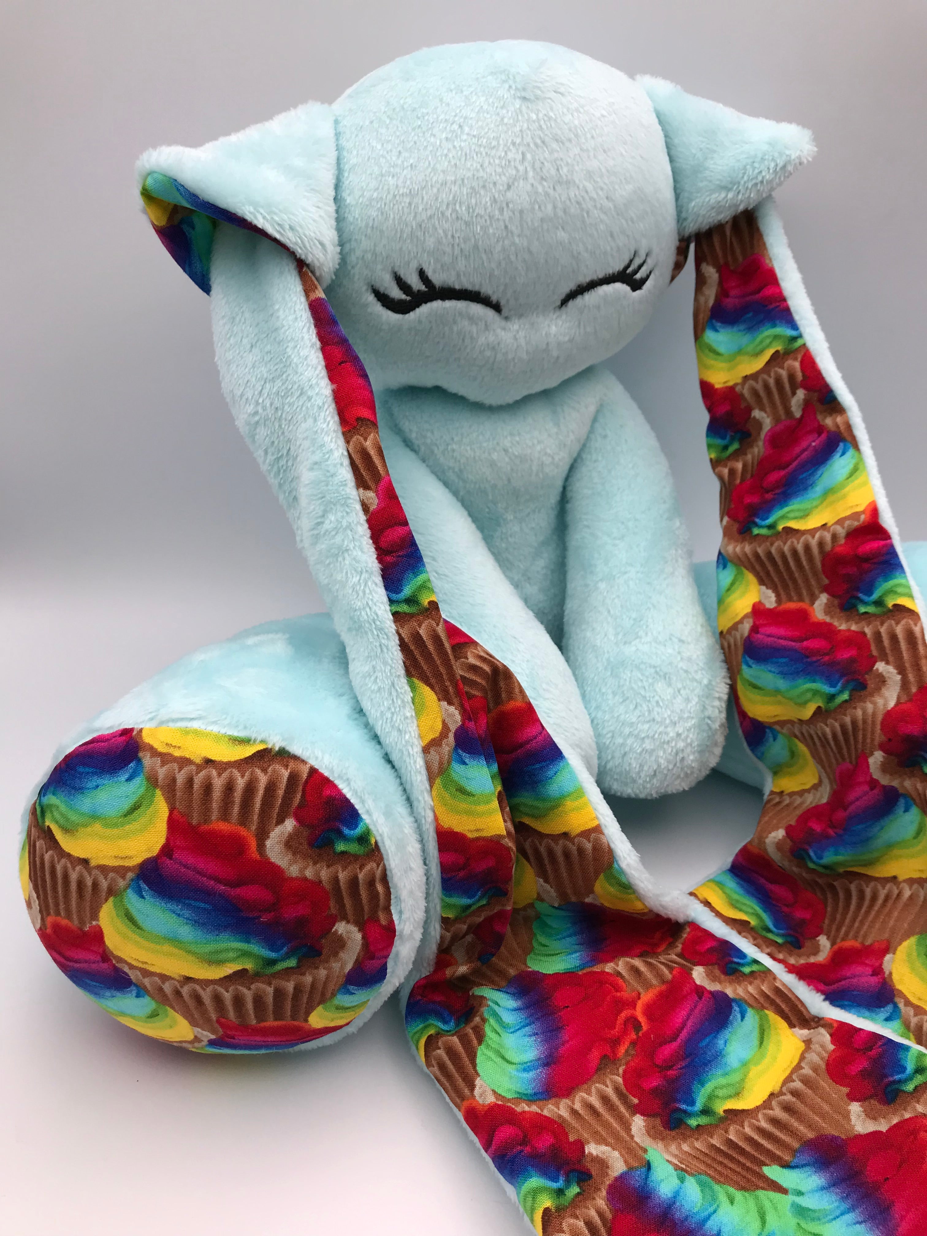 Pastel Blue minky Cabbit with rainbow cupcakes